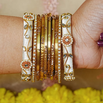 Traditional Thread Work Mini Glass Bangles Set for Women (Both Hands)