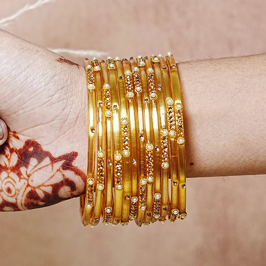 Premium Glass Bangles for Women | Zircon & Beads Work | Glossy Finish (Pack of 12)
