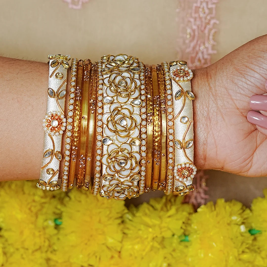 Traditional Handmade Thread Work Glass Bangles Set for Women (Both Hands)