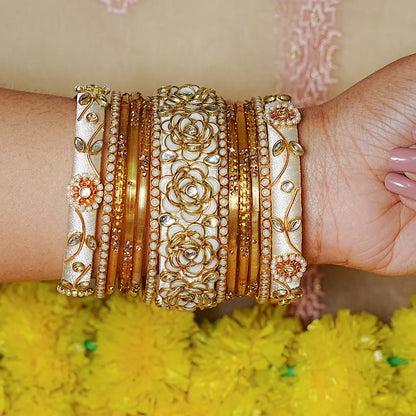 Traditional Handmade Thread Work Glass Bangles Set for Women (Both Hands)