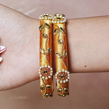 Designer Thread Work Kundan Leaf Style Kada Bangle for Women & Girls (Pack of 2)