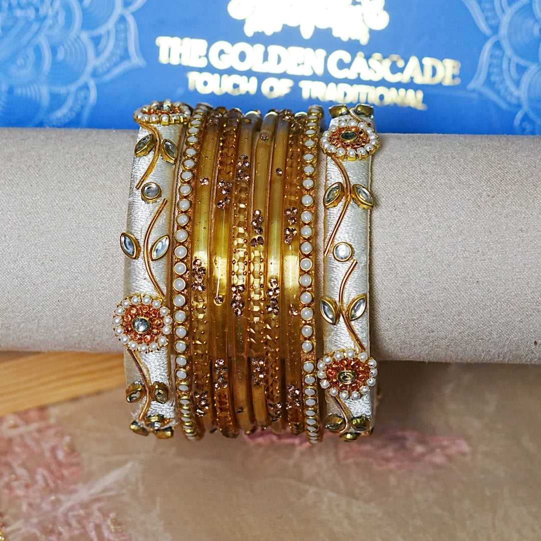 Traditional Thread Work Mini Glass Bangles Set for Women (Both Hands)