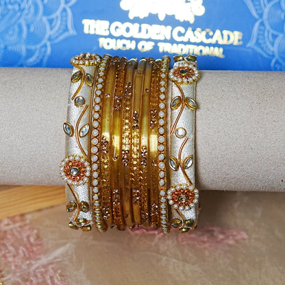 Traditional Thread Work Mini Glass Bangles Set for Women (Both Hands)