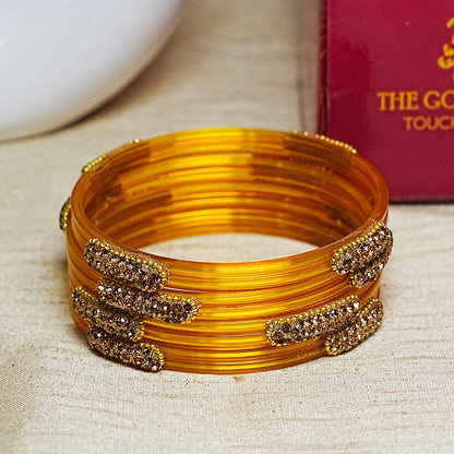 Glossy Finish Designer Glass Kada Bangles with Beads & Stone Work (Pack of 4)