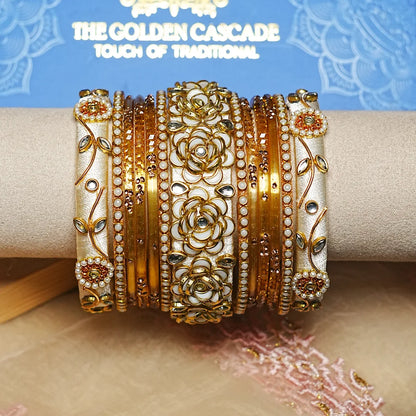 Traditional Handmade Thread Work Glass Bangles Set for Women (Both Hands)
