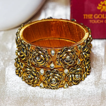Handmade Thread Kada Bangle with Rose Motif and Kundan Work for Women & Girls (Pack of 2)