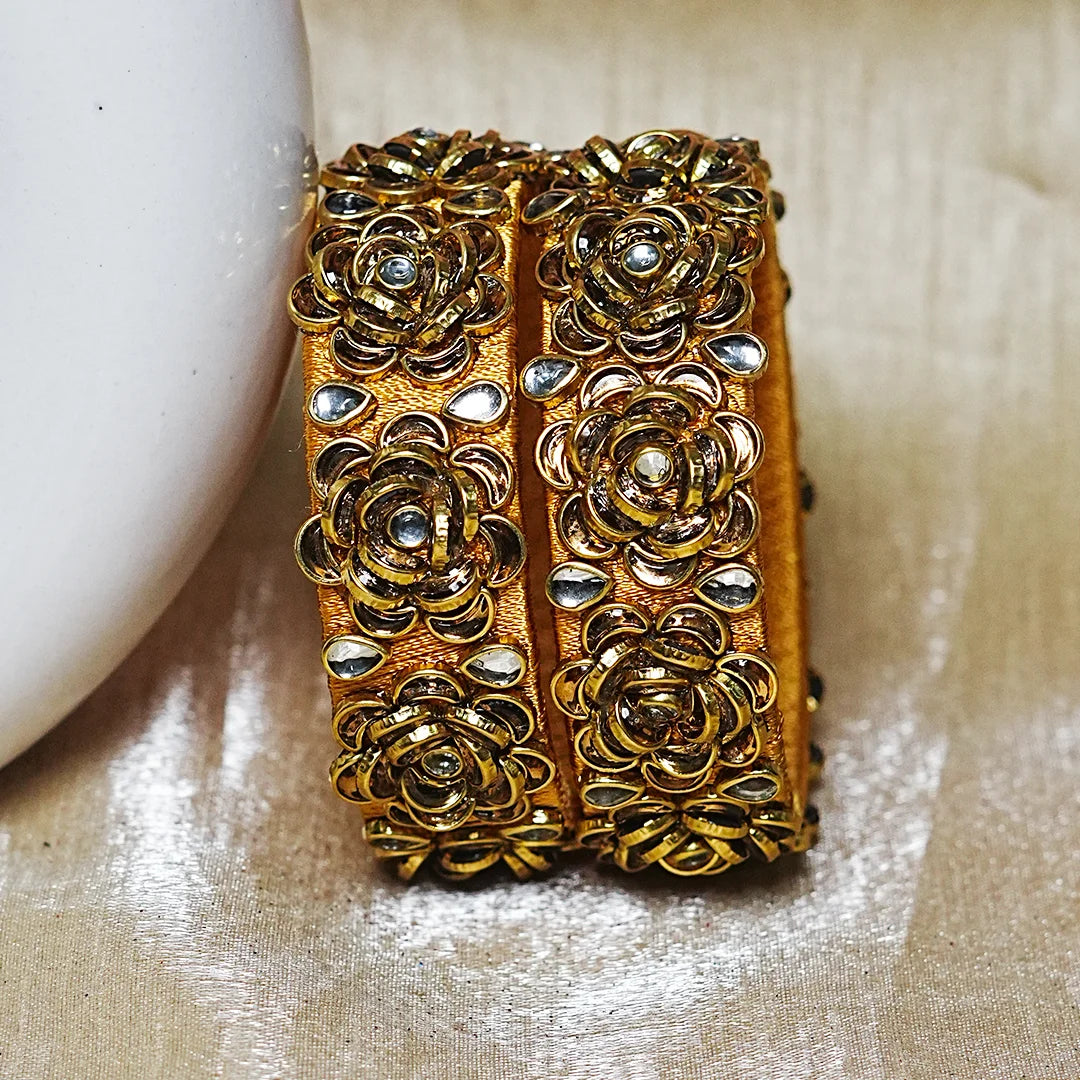 Handmade Thread Kada Bangle with Rose Motif and Kundan Work for Women & Girls (Pack of 2)