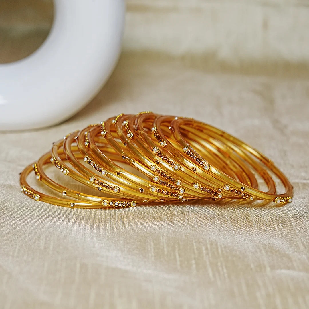 Premium Glass Bangles for Women | Zircon & Beads Work | Glossy Finish (Pack of 12)