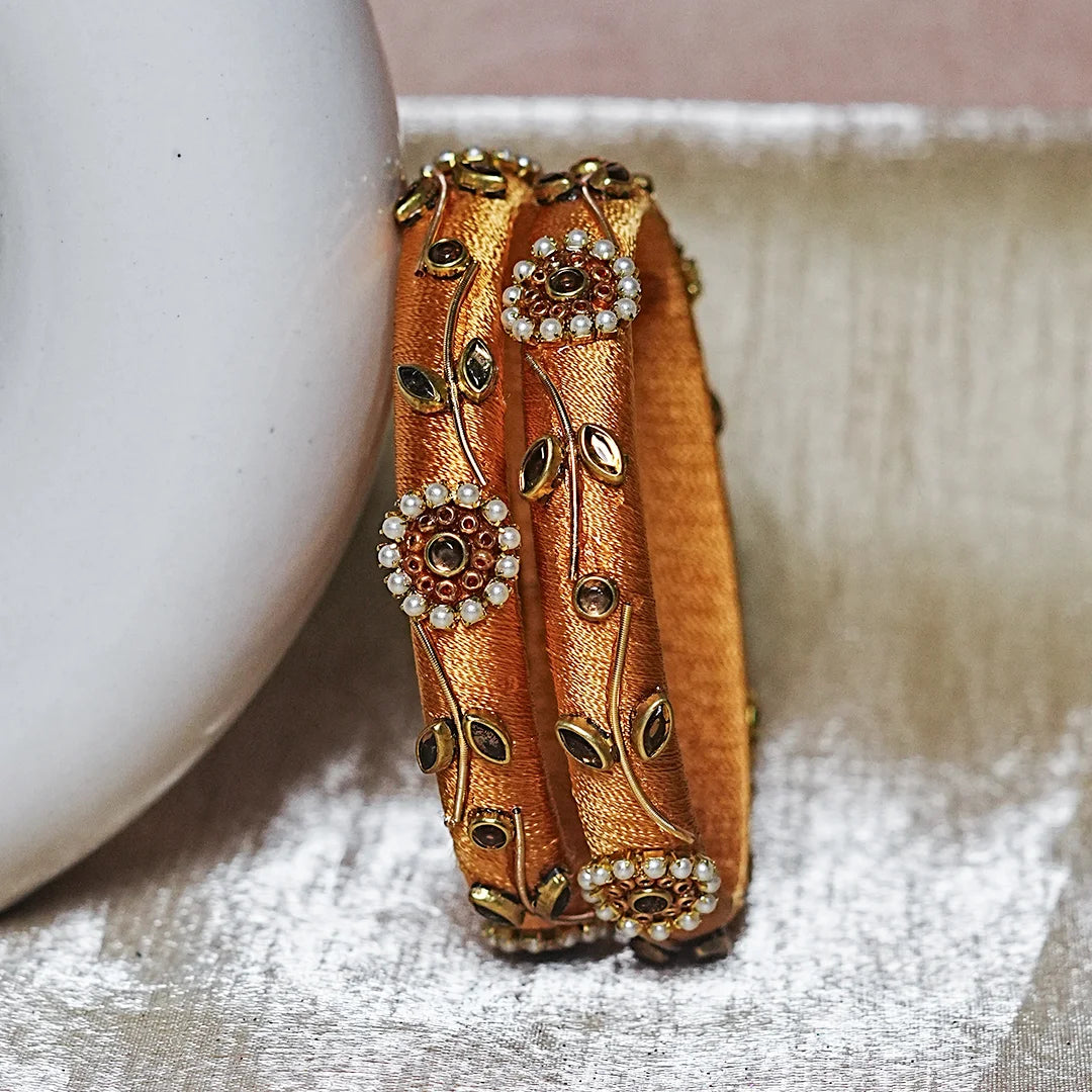 Designer Thread Work Kundan Leaf Style Kada Bangle for Women & Girls (Pack of 2)