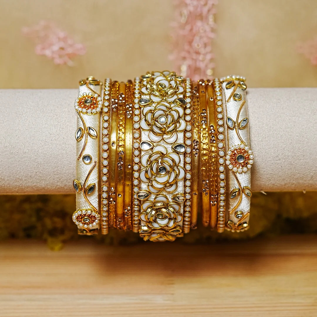 Traditional Handmade Thread Work Glass Bangles Set for Women (Both Hands)
