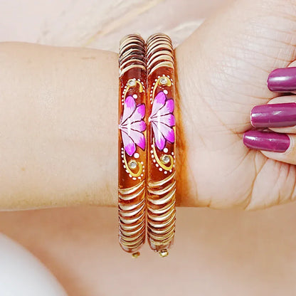 Handcrafted Lotus Printed Pattern Glass Kada for Women (Pack of 2) - The Golden Cascade