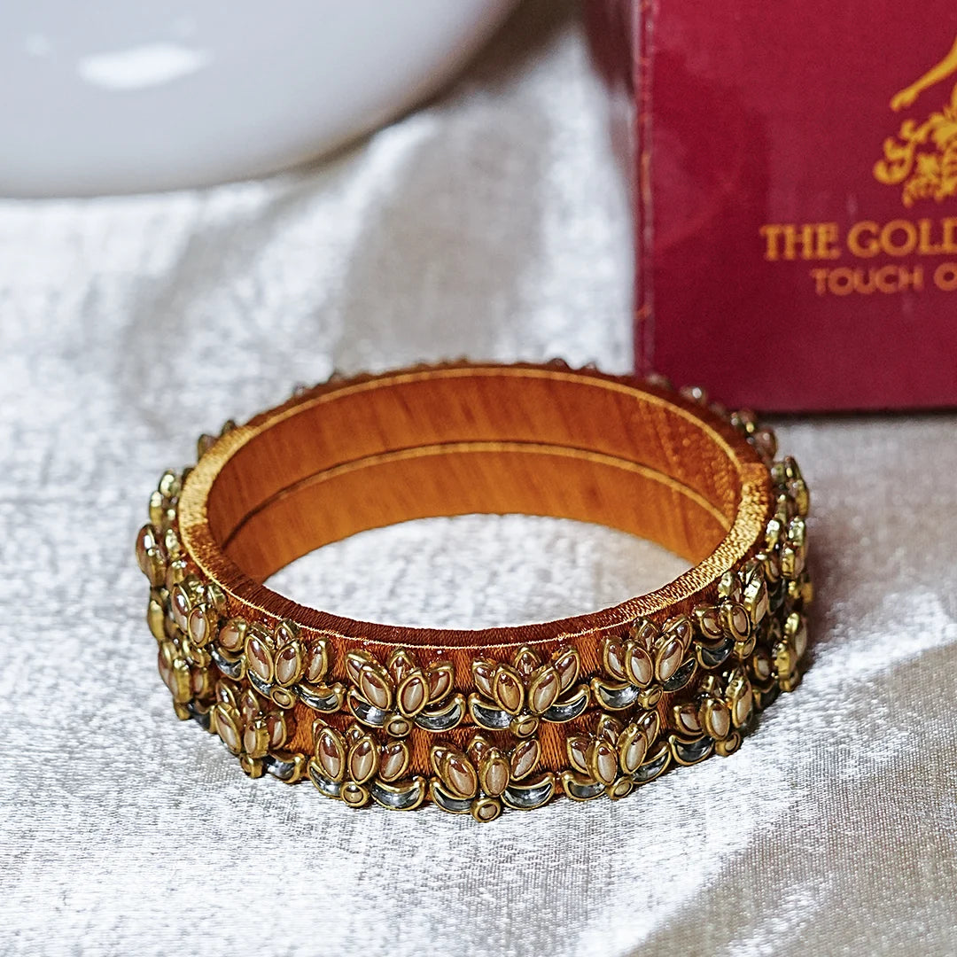 Handcrafted Silk Thread Kada Bangles with Lotus Motif for Women & Girls (Pack of 2)