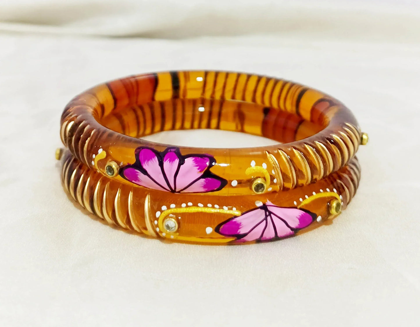 Handcrafted Lotus Printed Pattern Glass Kada for Women (Pack of 2) - The Golden Cascade