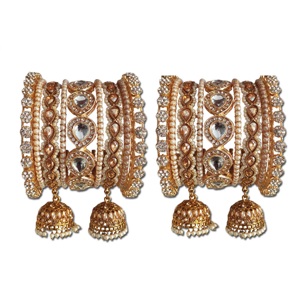 Golden Bangles Set for Women & Girls | Traditional Kundan & Pearl Design with Jhumki Latkan | Bridal & Festive Wear