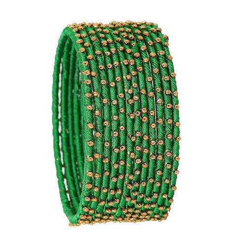 Green Color Silk Thread Work Metal Bangles for Women