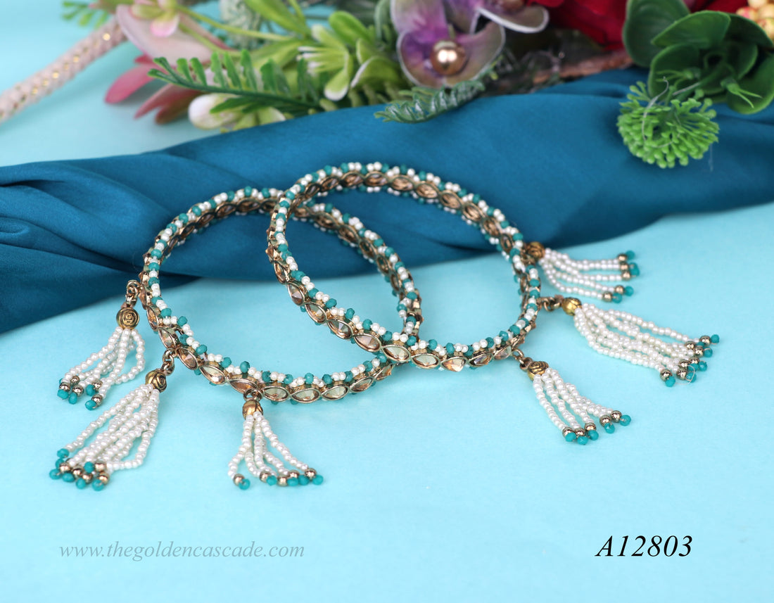Kundan Studded Gold Plated Metal Kada for Women | Traditional Pearl Latkan Design | Ethnic Indian Jewelry for Weddings, Festivals & Special Occasions