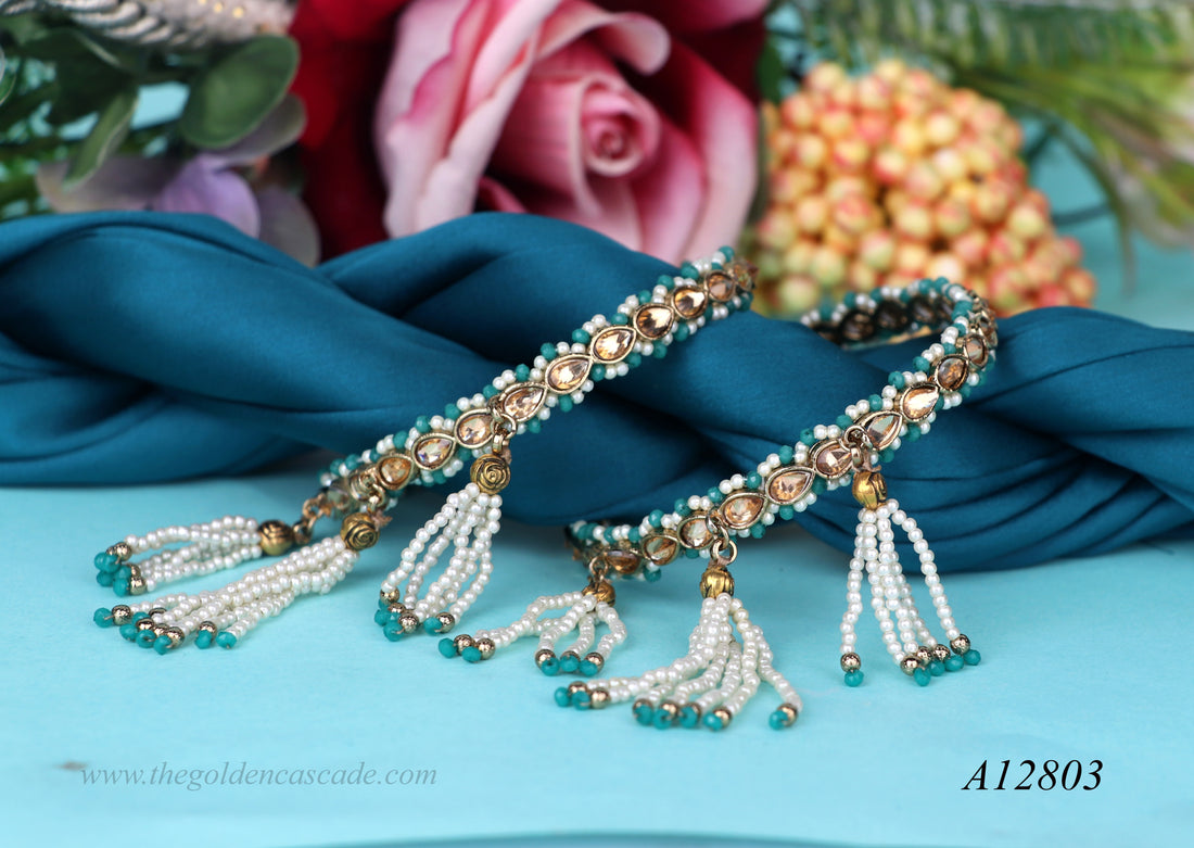 Kundan Studded Gold Plated Metal Kada for Women | Traditional Pearl Latkan Design | Ethnic Indian Jewelry for Weddings, Festivals & Special Occasions
