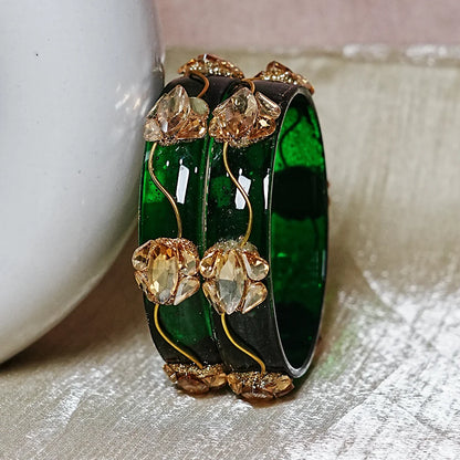 Traditional Flower Design Kundan Work Glass Kada for Women & Girls (Pack of 2)