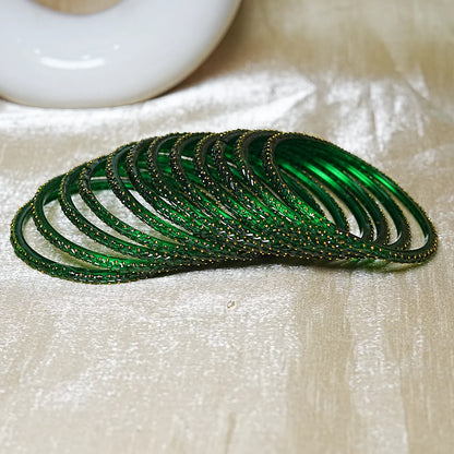 Traditional Gold Ball Studded Work Design Glass Bangles for Women (Pack of 12)