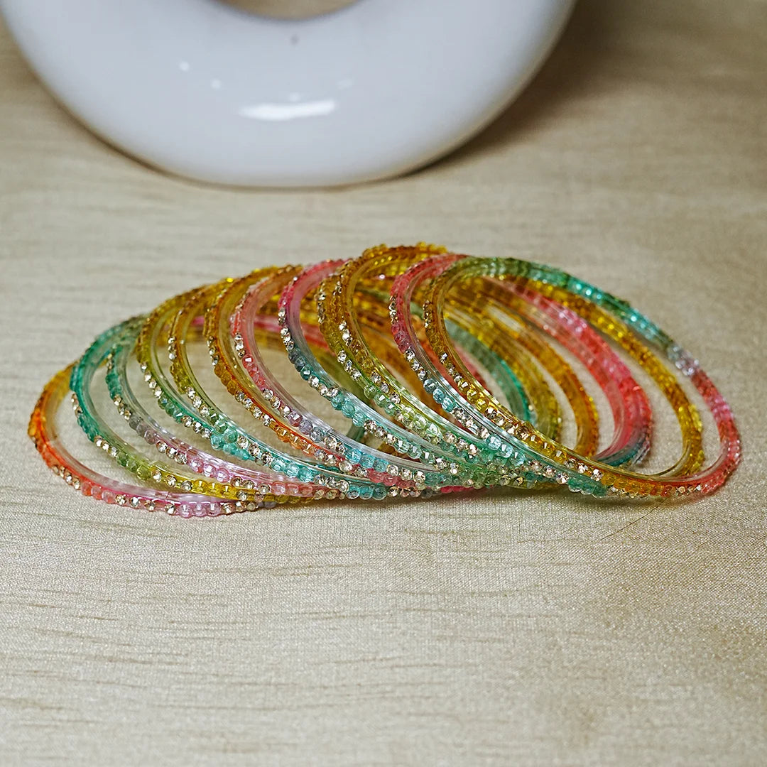 Traditional Indian Glass Bangles for Women with Stone Work (Pack of 12)
