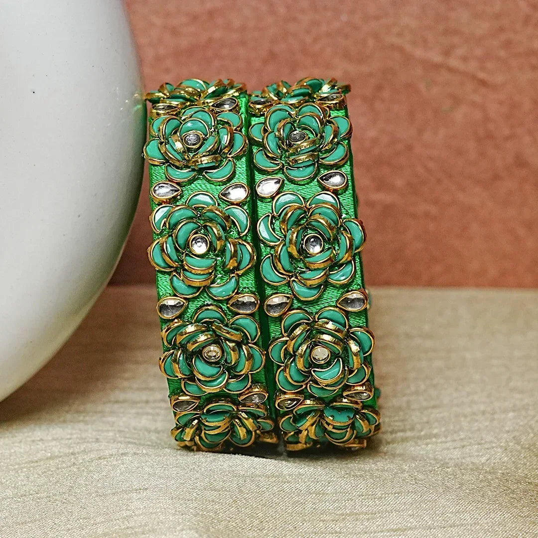 Handmade Thread Kada Bangle with Rose Motif and Kundan Work for Women & Girls (Pack of 2) - The Golden Cascade