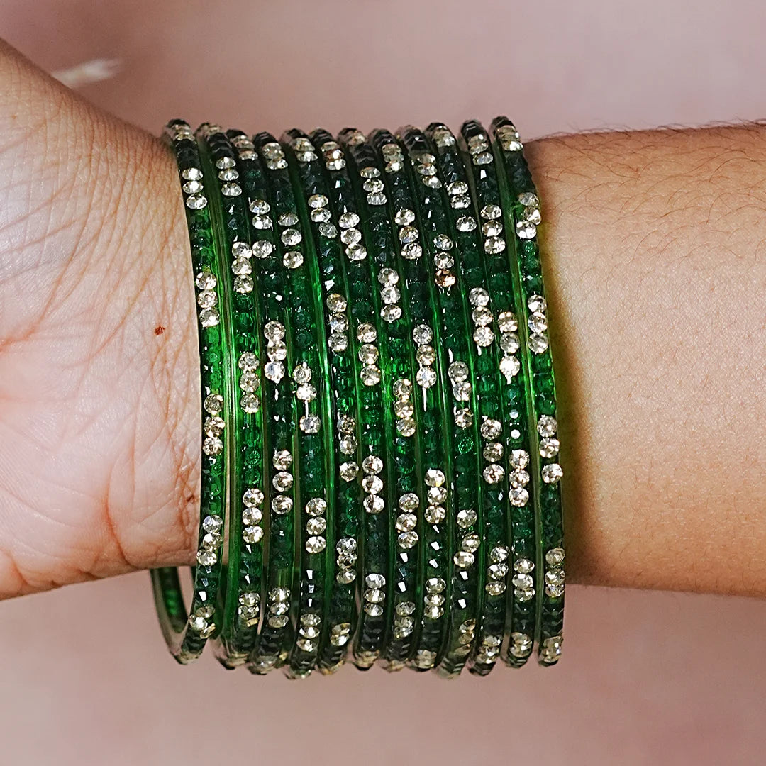 Traditional Indian Glass Bangles for Women with Stone Work (Pack of 12)