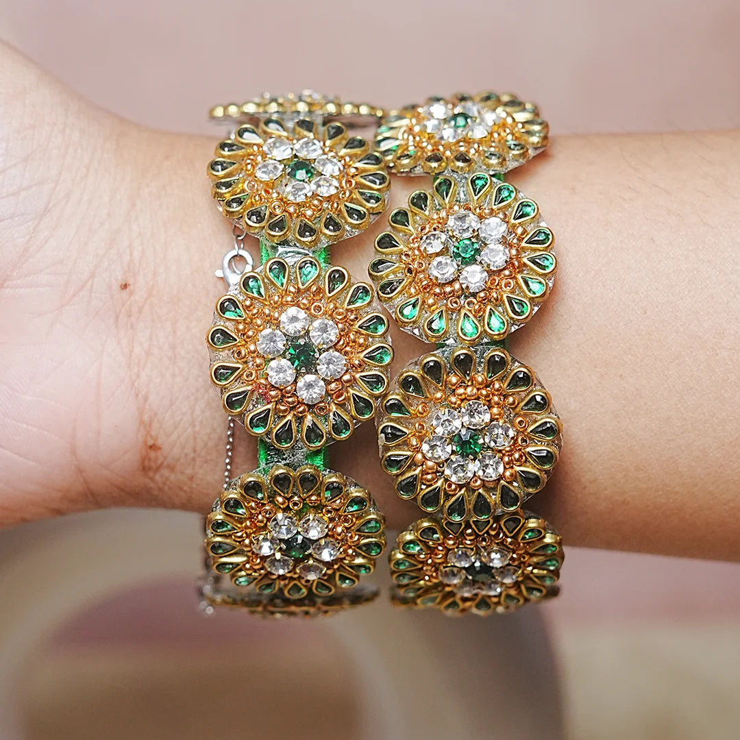 Premium Kundan Work Floral Thread Kada Bangle for Women & Girls (Pack of 2)