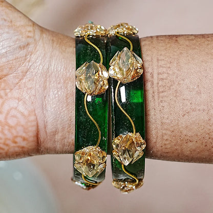 Traditional Flower Design Kundan Work Glass Kada for Women & Girls (Pack of 2)