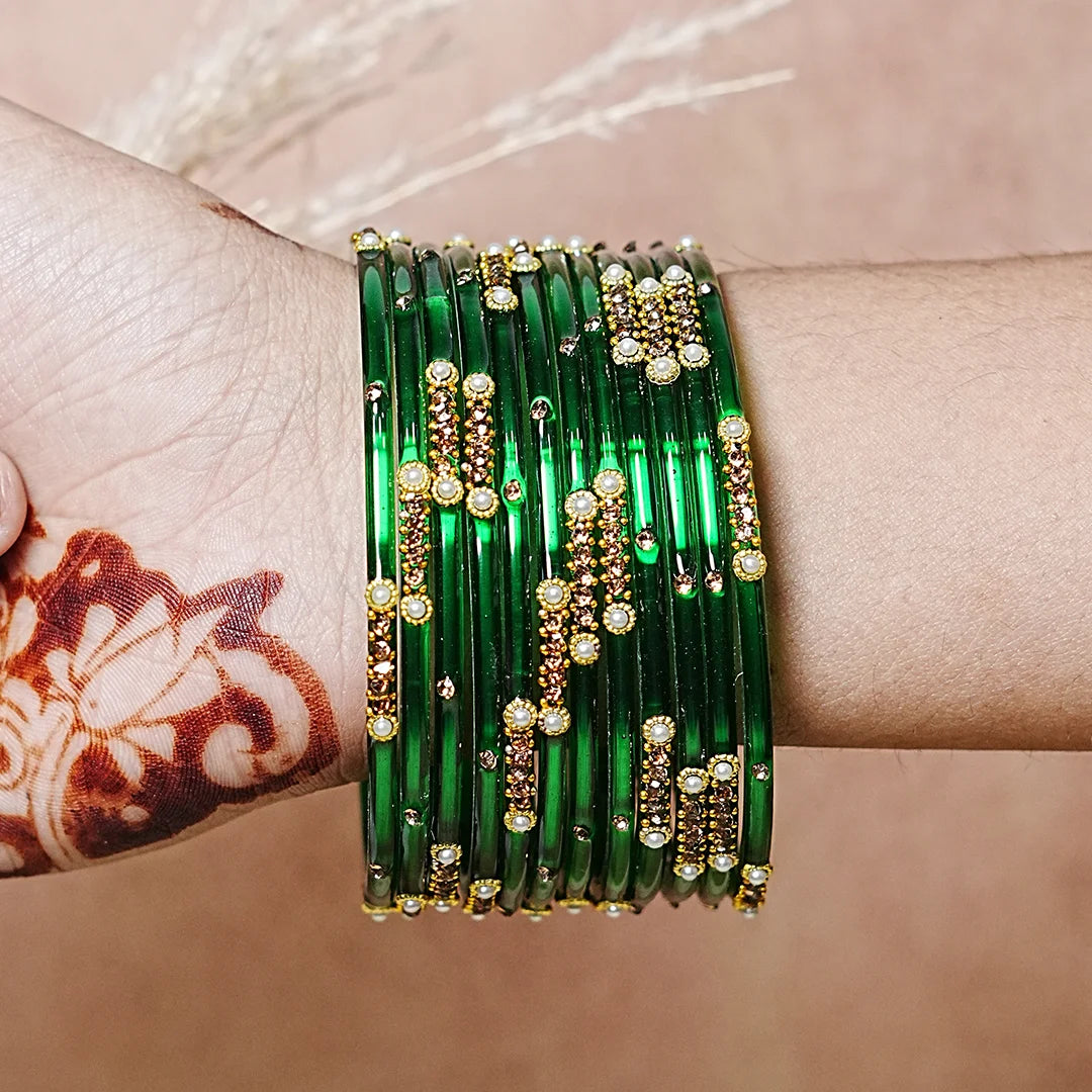 Premium Glass Bangles for Women | Zircon & Beads Work | Glossy Finish (Pack of 12)