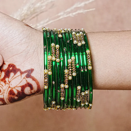 Premium Glass Bangles for Women | Zircon & Beads Work | Glossy Finish (Pack of 12)