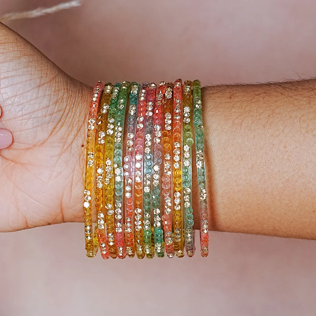 Traditional Indian Glass Bangles for Women with Stone Work (Pack of 12)