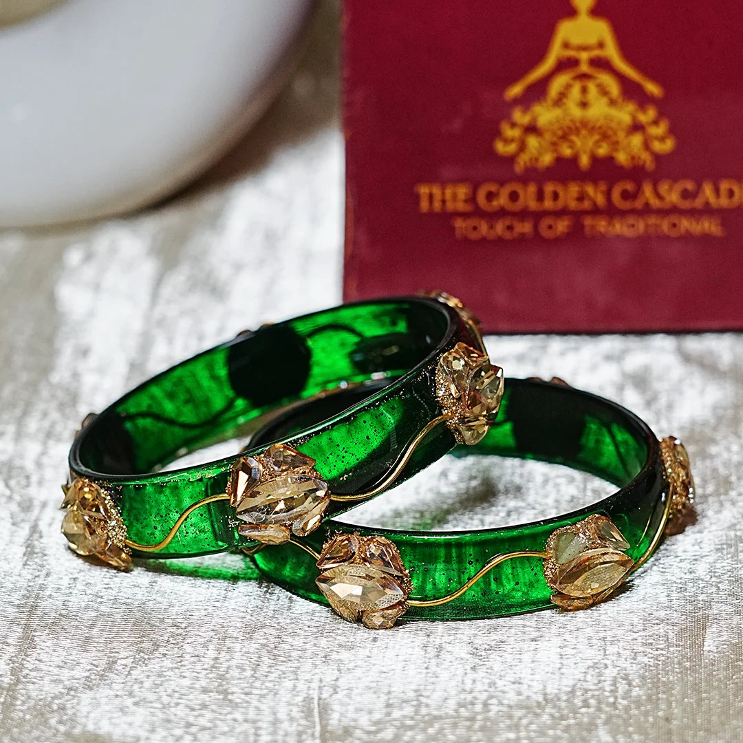 Traditional Flower Design Kundan Work Glass Kada for Women & Girls (Pack of 2)