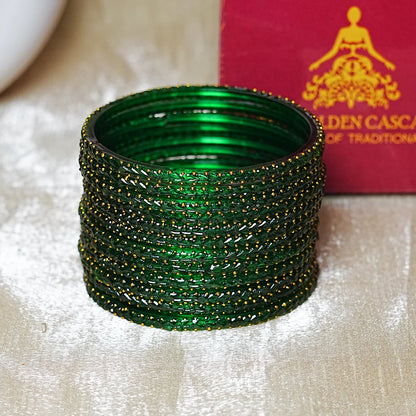 Traditional Gold Ball Studded Work Design Glass Bangles for Women (Pack of 12)