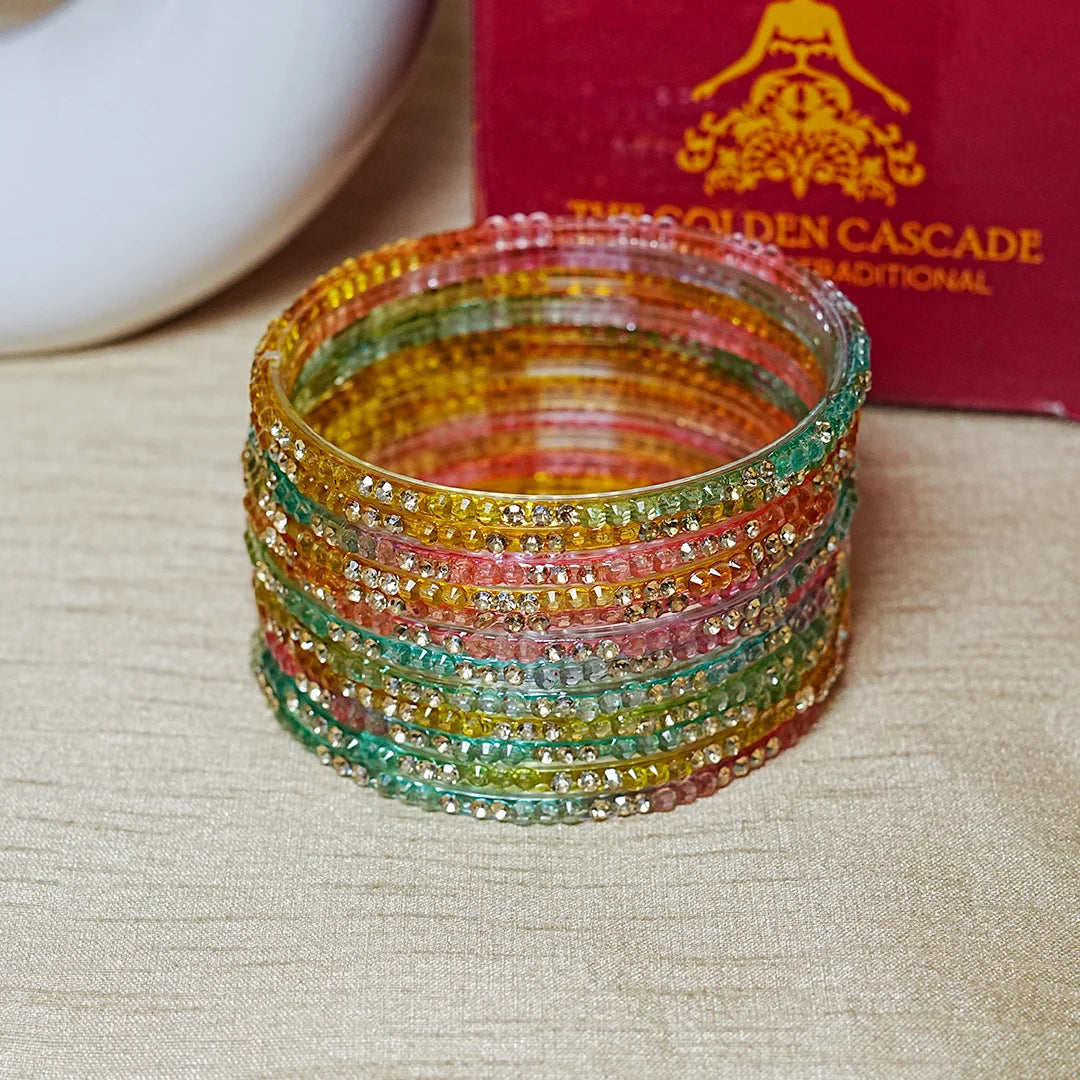 Traditional Indian Glass Bangles for Women with Stone Work (Pack of 12)