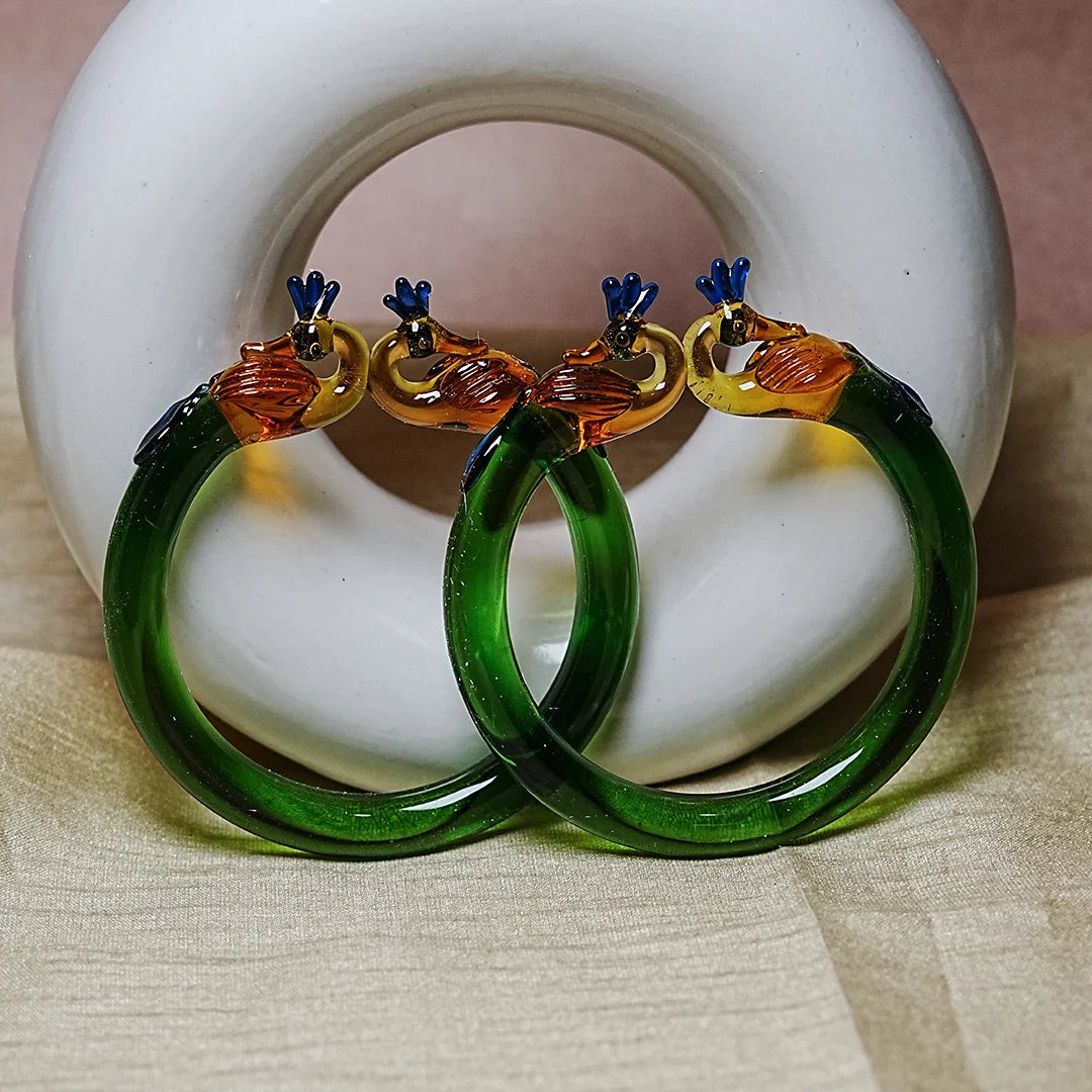 Traditional Peacock Design Glass Kada Bangle for Women & Girls (Pack of 2)