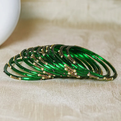 Premium Glass Bangles for Women | Zircon & Beads Work | Glossy Finish (Pack of 12)