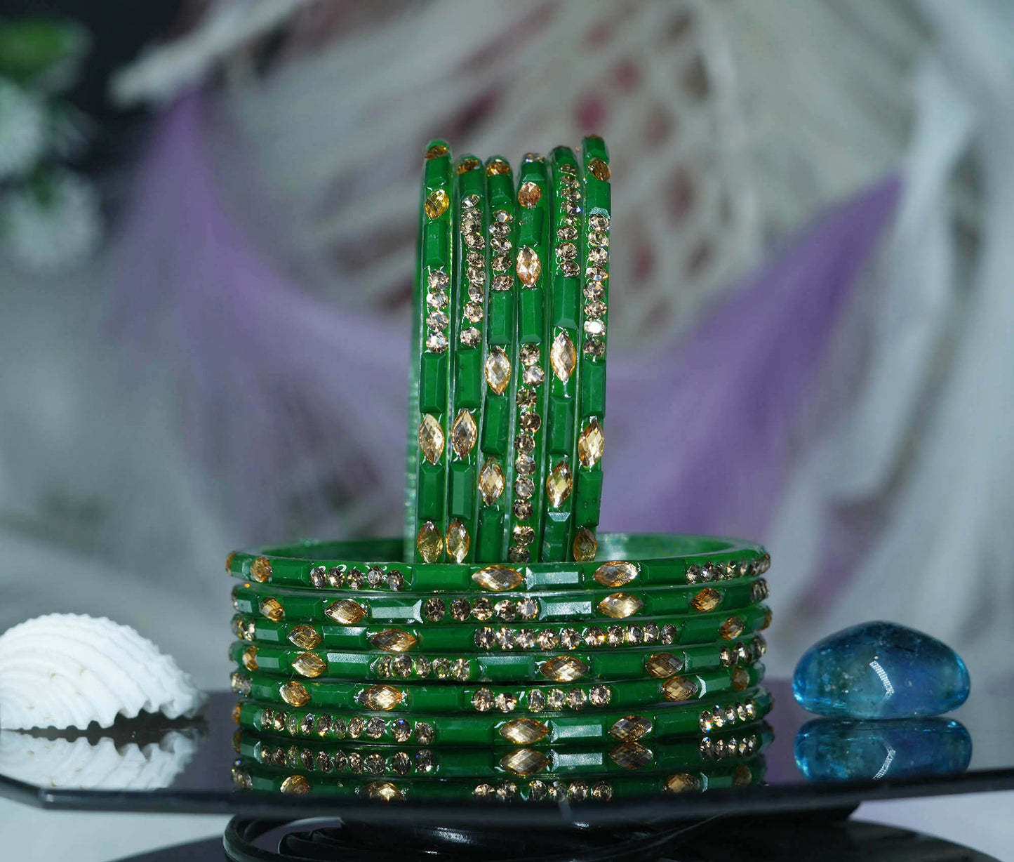 Multiple Color Glass Bangle with Stone Beads Work for Women & Girls (Pack 12 Bangles)