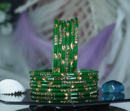 Multiple Color Glass Bangle with Stone Beads Work for Women & Girls (Pack 12 Bangles)