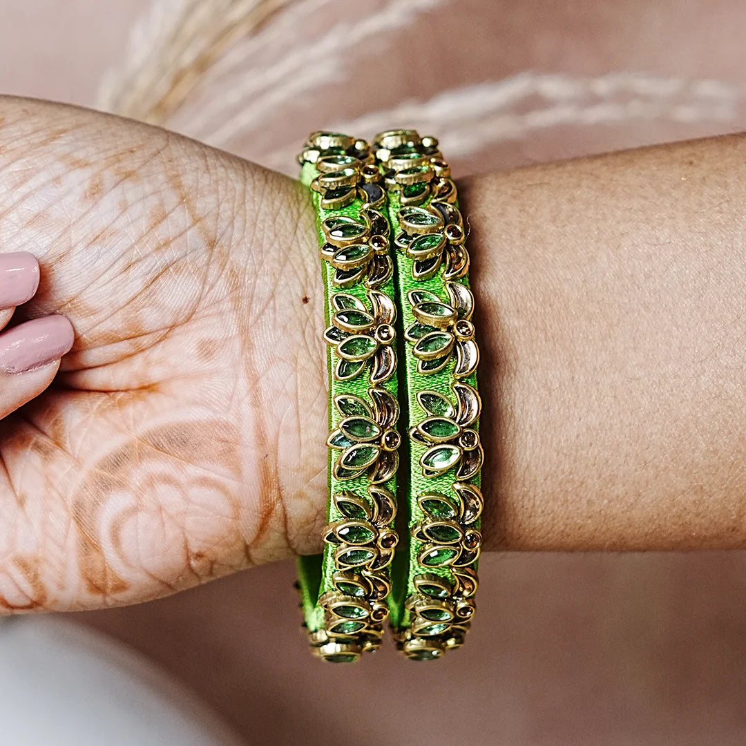 Handcrafted Silk Thread Kada Bangles with Lotus Motif for Women & Girls (Pack of 2)