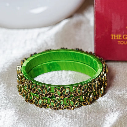 Handcrafted Silk Thread Kada Bangles with Lotus Motif for Women & Girls (Pack of 2)