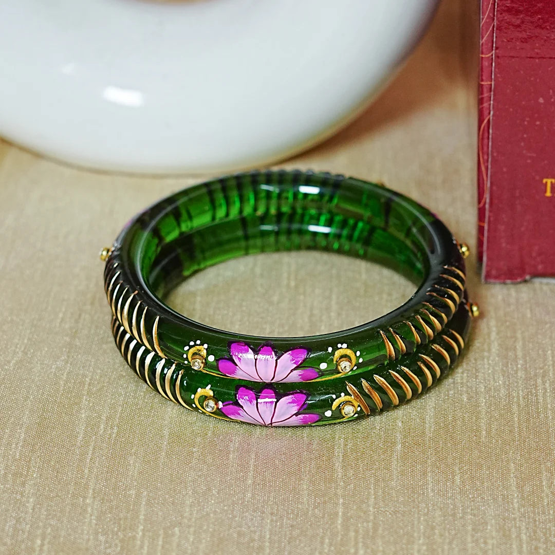 Handcrafted Lotus Printed Pattern Glass Kada for Women (Pack of 2)