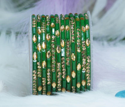 Multiple Color Glass Bangle with Stone Beads Work for Women & Girls (Pack 12 Bangles)