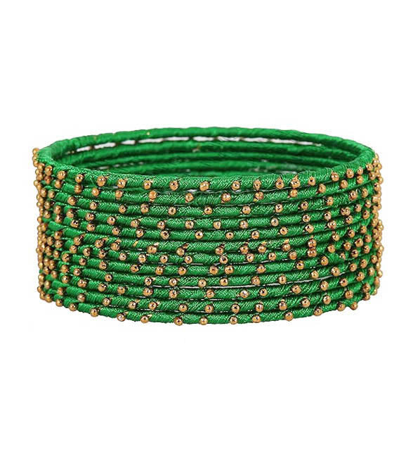 Green Color Silk Thread Work Metal Bangles for Women
