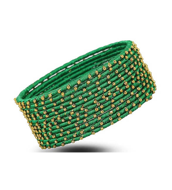 Green Color Silk Thread Work Metal Bangles for Women