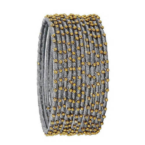 Grey Color Silk Thread Work Metal Bangles for Women