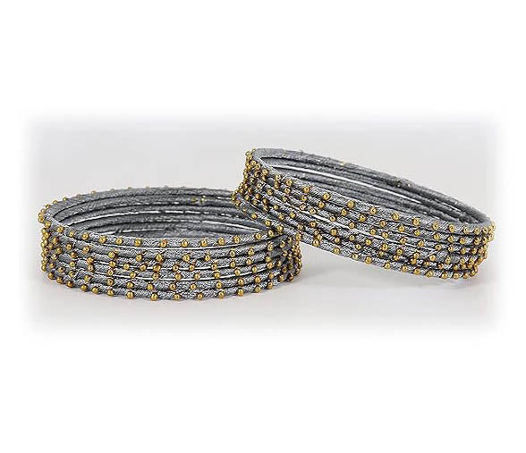 Grey Color Silk Thread Work Metal Bangles for Women