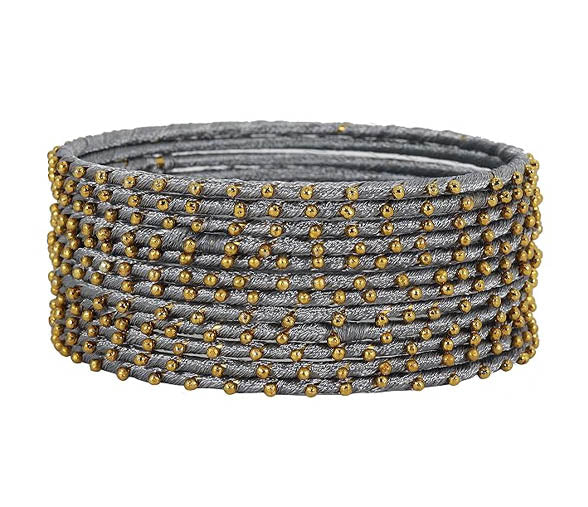 Grey Color Silk Thread Work Metal Bangles for Women
