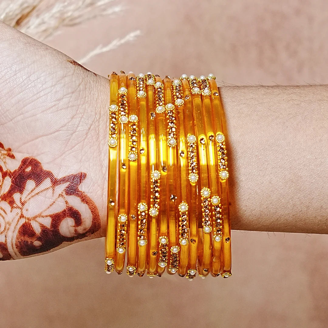 Premium Glass Bangles for Women | Zircon & Beads Work | Glossy Finish (Pack of 12)