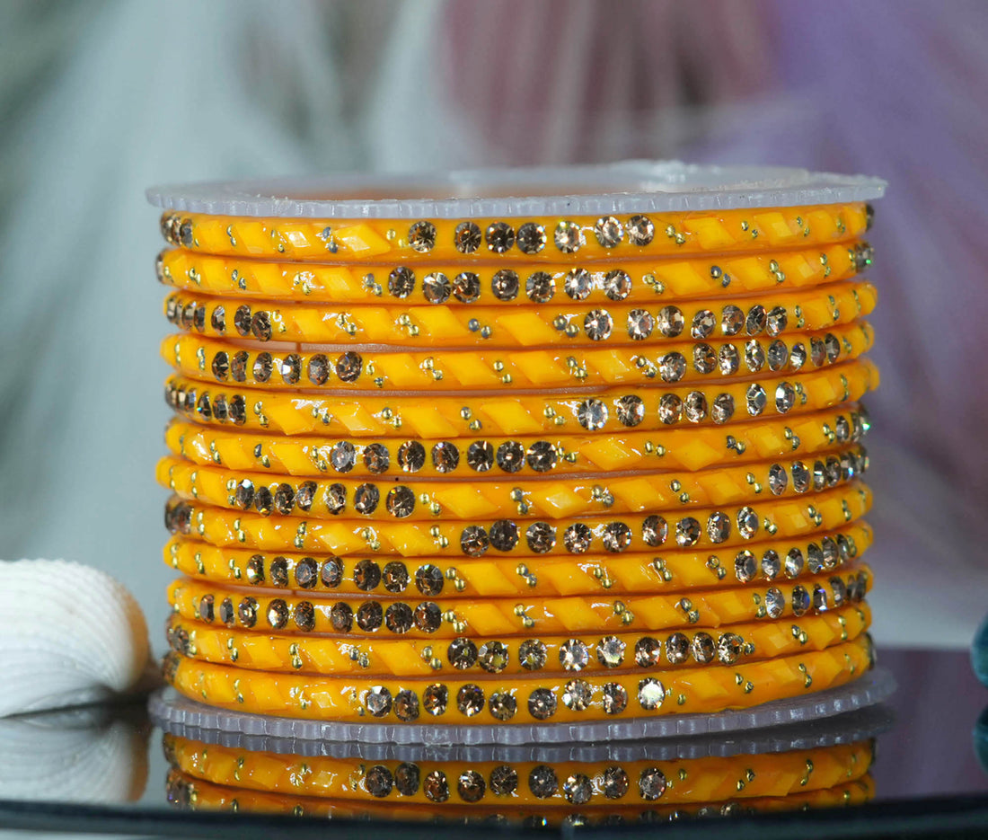 Glass Bangles with Gold Pearl Beads Studded for Women & Girls (Pack 12)