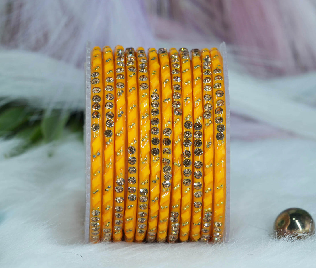 Glass Bangles with Gold Pearl Beads Studded for Women & Girls (Pack 12)
